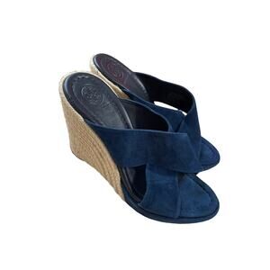 Tory Burch Bailey Blue Suede Wedge Mule Espadrilles Sandals, Size 6